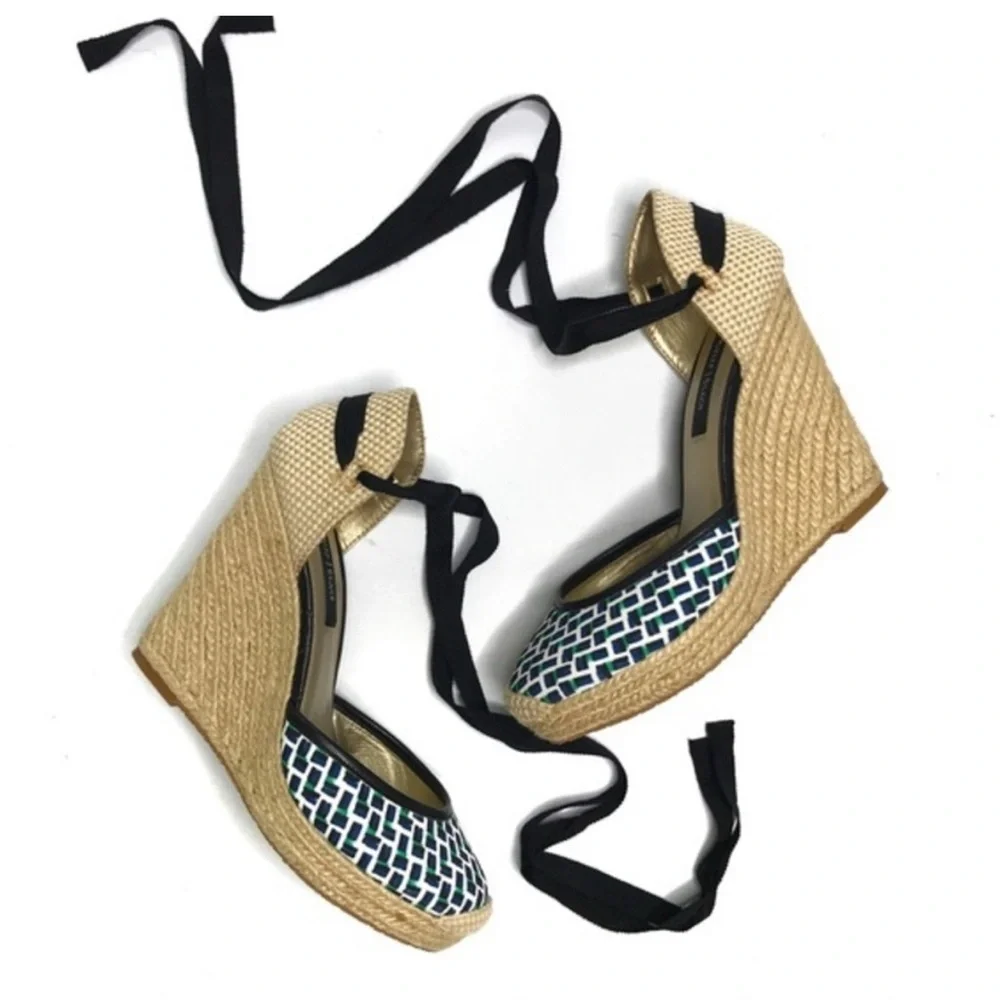 White House Black Market Woven Wedge Espadrilles with Black Accents